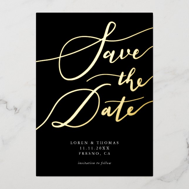 Black Save The Date Calligraphy Foil Invitation (Front)