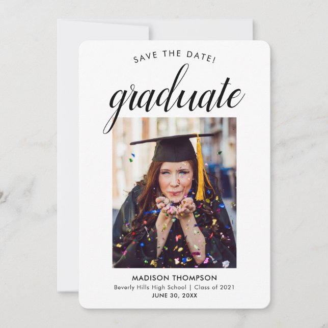 Black Save the Date Calligraphy Graduation Photo Announcement (Front)