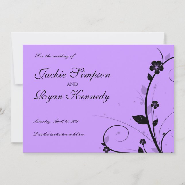 Black Save the Date Invite Floral Purple Silver (Front)