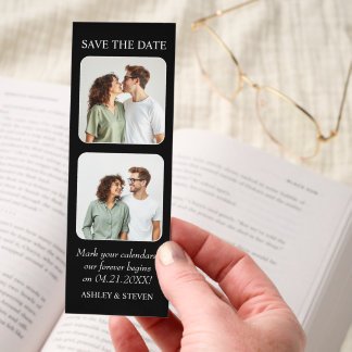 Black Save the Date with two photos and QR code Bookmarks