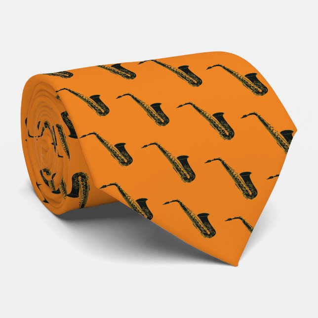 Black Saxophone on Orange Neck Tie (Rolled)