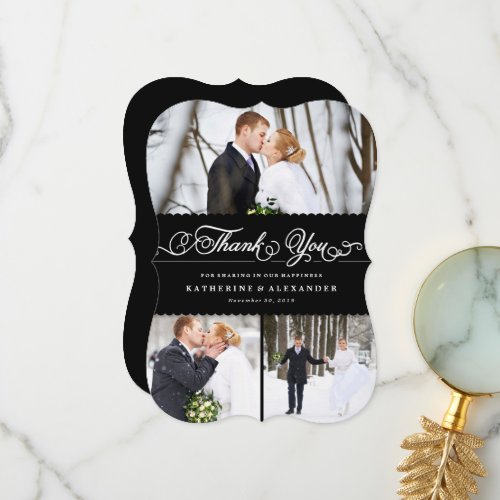 Black Scallop Band Elegant Script Wedding 3 Photo Thank You Card