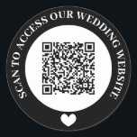 Black Scan To Access Wedding Website Heart QR Code Classic Round Sticker<br><div class="desc">Wedding website QR code sticker in black and white with curved text and a white heart. Cute black and white wedding QR code sticker.</div>
