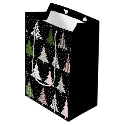 Black Scandi Christmas Trees Snowflakes Pattern Medium Gift Bag