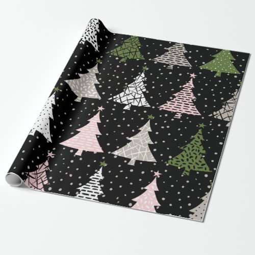 Black Scandi Christmas Trees Snowflakes Pattern Wrapping Paper