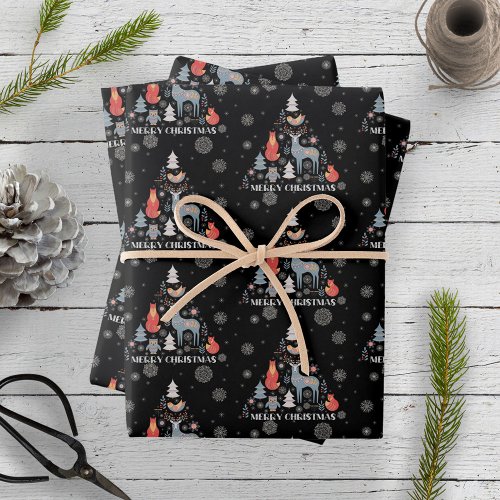 Black Scandinavian Reindeer Tree Animal Snowflake Wrapping Paper Sheets