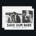 Black Scandinavian Typography Photo Collage Save The Date<br><div class="desc">Black and White Scandinavian Typography Photo Collage Save the Date Card | Announce your wedding date to family and friends with this customizable photo save the date card. It features black Scandinavian typography and stripes pattern. Personalized by featuring two of your favorite photos. You can further personalize the back by...</div>