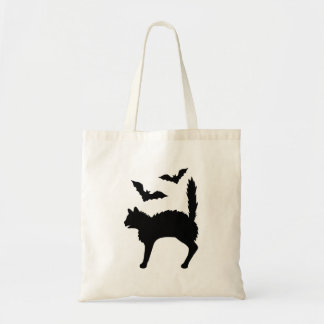 Black Scared Cat Silhouette With Bats Halloween Tote Bag