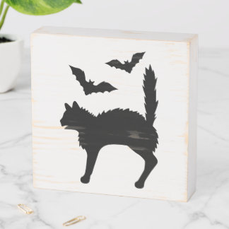 Black Scared Cat Silhouette With Bats Halloween Wooden Box Sign