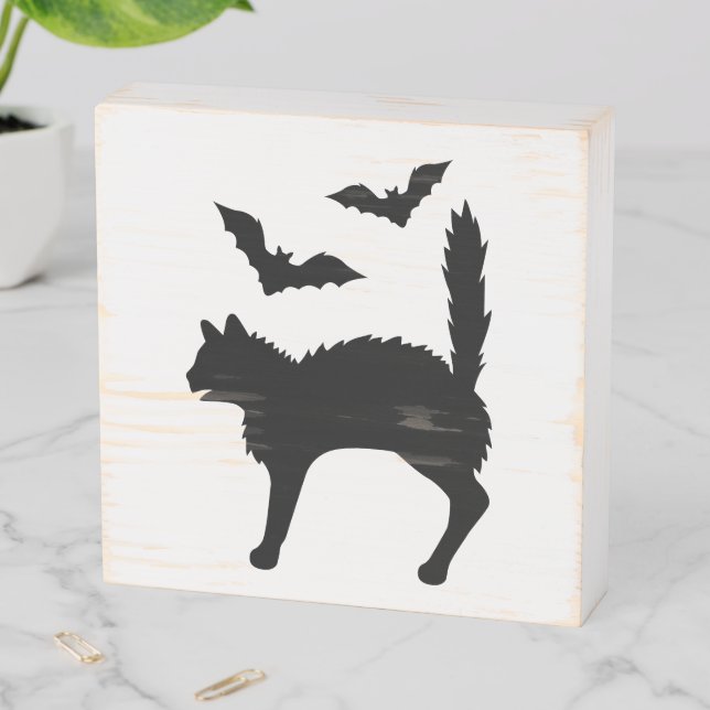 Black Scared Cat Silhouette With Bats Halloween Wooden Box Sign (In Situ Horizontal)