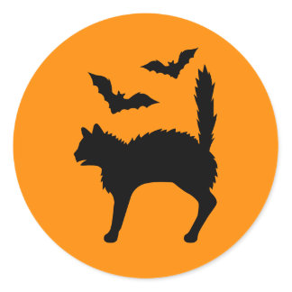 Black Scared Cat With Bats Halloween Orange Classic Round Sticker