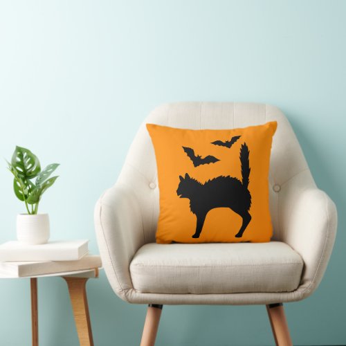 Black Scared Cat With Bats Halloween Orange Throw Pillow