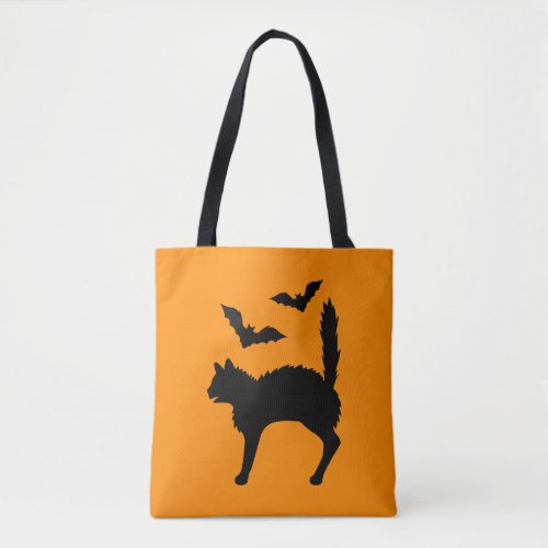 Black Scared Cat With Bats Halloween Orange Tote Bag