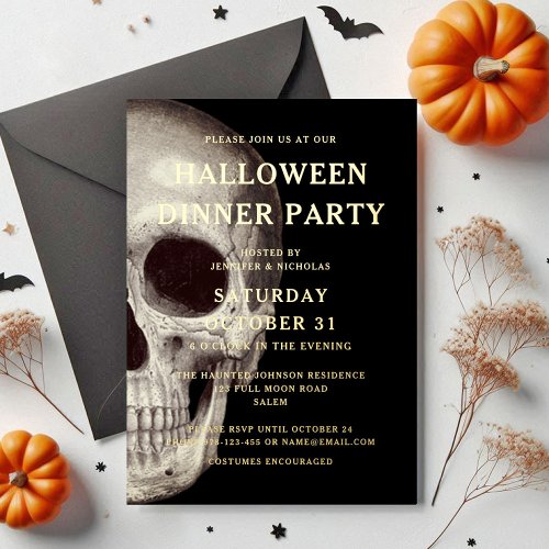 Black Scary Skull Adult Dinner Party Halloween Foil Invitation