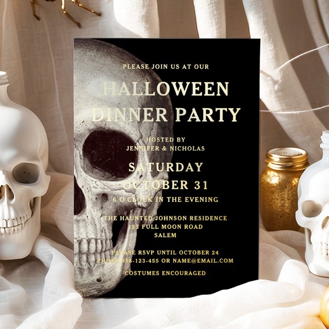 Black Scary Skull Adult Dinner Party Halloween Foil Invitation (Gold Foil Dead Skull Halloween Dinner Party Foil Invitation)