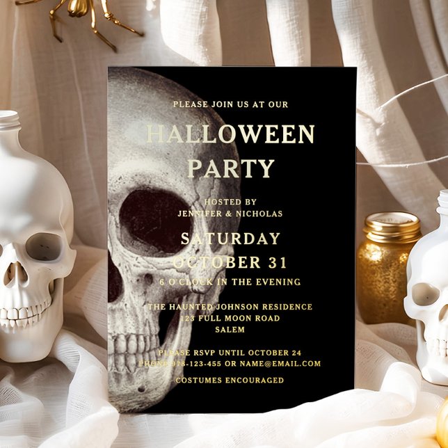 Black Scary Skull Adult Halloween Gold Foil Invitation (Black Scary Skull Adult Halloween Gold Foil Invitation)