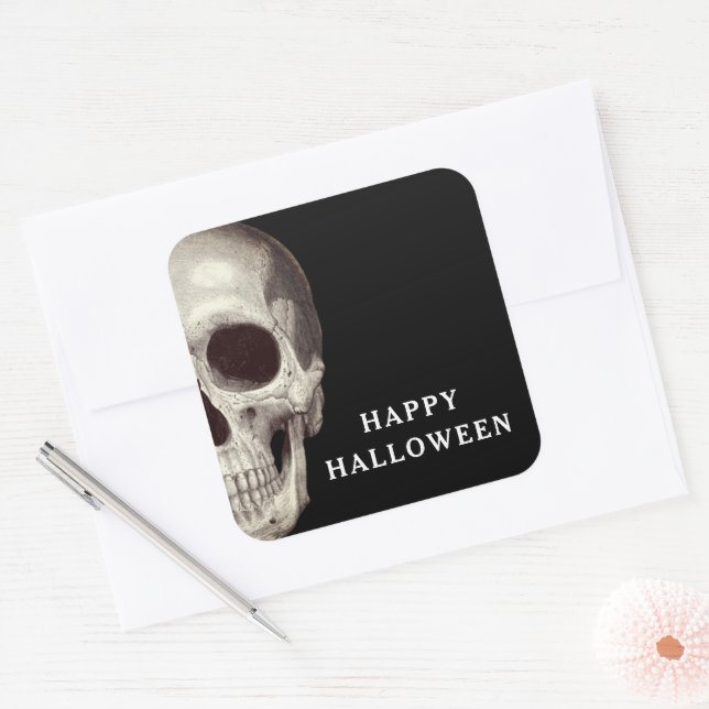Black Scary Skull Happy Halloween Square Sticker (Envelope)