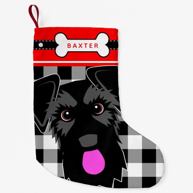 Black Schnauzer Dog Old Fashioned Plaid Small Christmas Stocking (Front)
