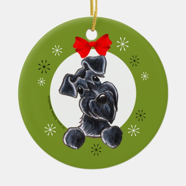Black Schnauzer Natural Ears Christmas Classic Ceramic Ornament (Front)