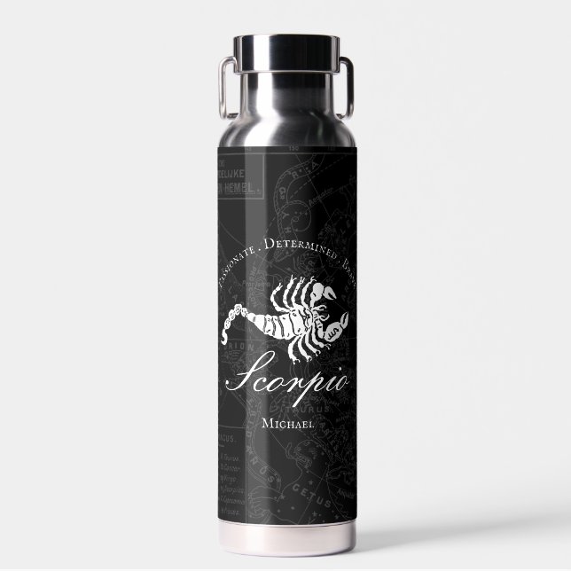 Black Scorpio Astrology Sign Zodiac Custom Name Water Bottle (Front)