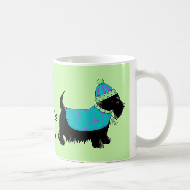 Black Scottie Dog Blue Green Name Personalized Coffee Mug (Right)