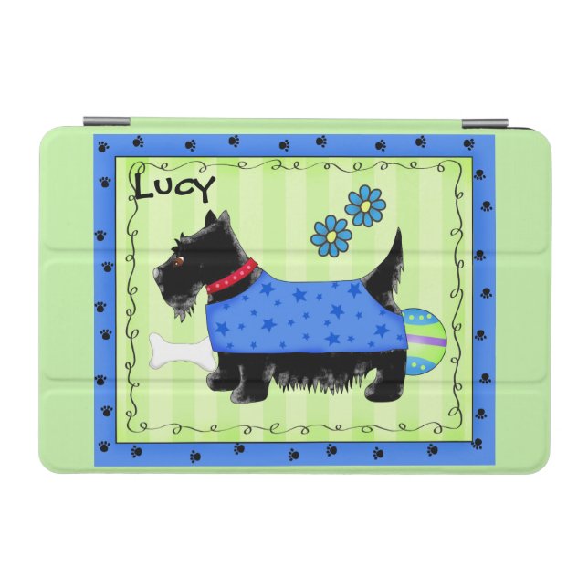 Black Scottie Dog Blue Green Name Personalized iPad Mini Cover (Horizontal)