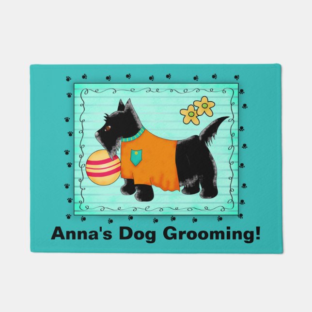 Black Scottie Dog Grooming Business Welcome Doormat (Front)