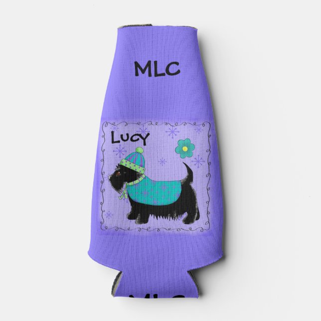 Black Scottie Dog Name Personalize Monogram Bottle Cooler (Front)