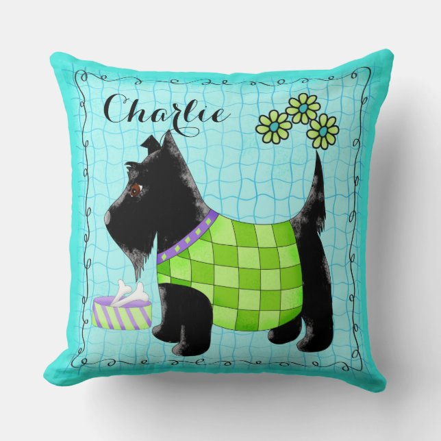 Black Scottie Dog Name Personalize Turquoise Throw Pillow (Front)