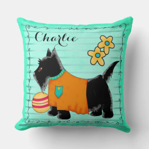 Black Scottie Dog Name Personalized Teal Green Throw Pillow
