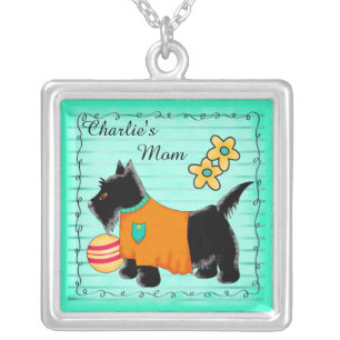 Black Scottie Dog Name Personalized Turquoise Blue Silver Plated Necklace