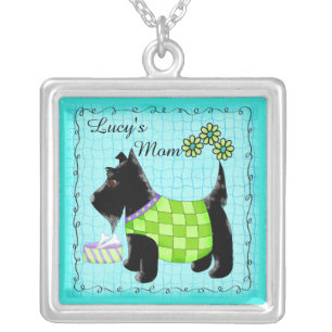 Black Scottie Dog Name Personalized Turquoise Blue Silver Plated Necklace