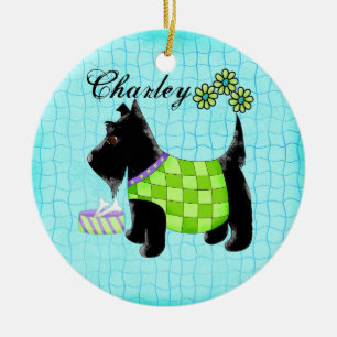Black Scottie Dog Name Personalized Turquoise Ceramic Ornament
