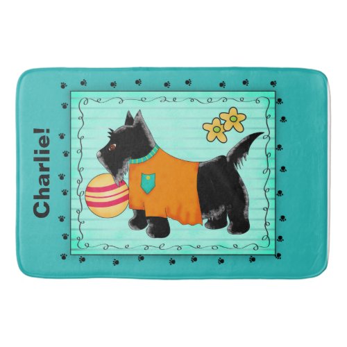Black Scottie Dog Name Personalized Turquoise Teal Bath Mat