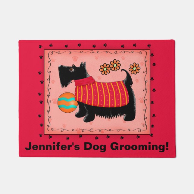 Black Scottie Dog Pet Grooming Business Red Doormat (Front)