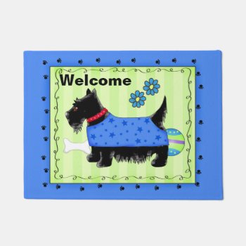 Black Scottie Dog Welcome Blue Green Custom Doormat by phyllisdobbs at Zazzle