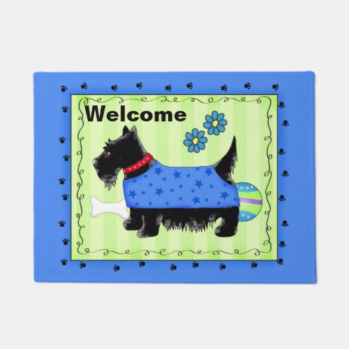 Black Scottie Dog Welcome Blue Green Custom Doormat