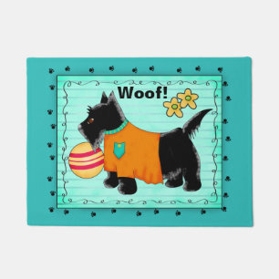 Black Scottie Dog Welcome Woof Turquoise Teal Doormat