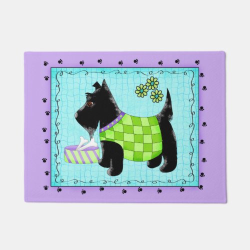 Black Scottie Dog Welcoming Turquoise Lavender Doormat