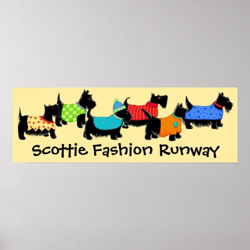 Black Scottie Dogs Fashion Runway Art Yellow Poster