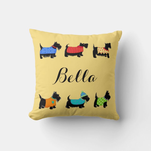 Black Scottie Dogs Name Personalized Decorative Throw Pillow (Front)