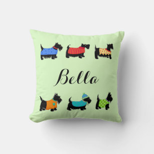 Black Scottie Dogs Name Personalized Green Throw Pillow
