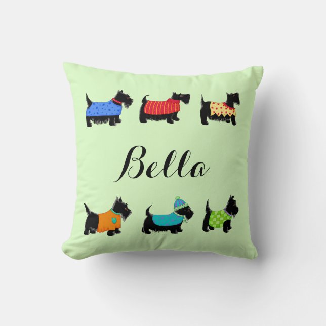 Black Scottie Dogs Name Personalized Green Throw Pillow (Front)