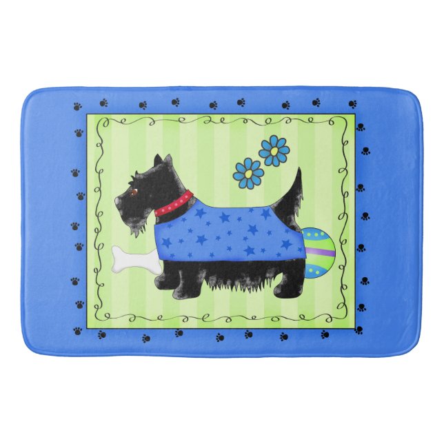 Black Scottie Terrier Blue and Lime Green Bathroom Mat (Front)