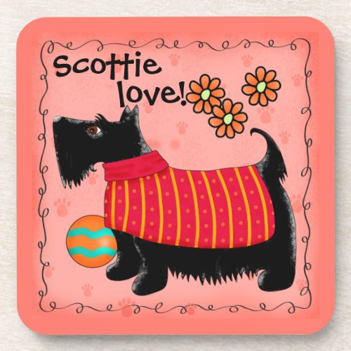 Black Scottie Terrier Dog Love Personalized Green Beverage Coaster