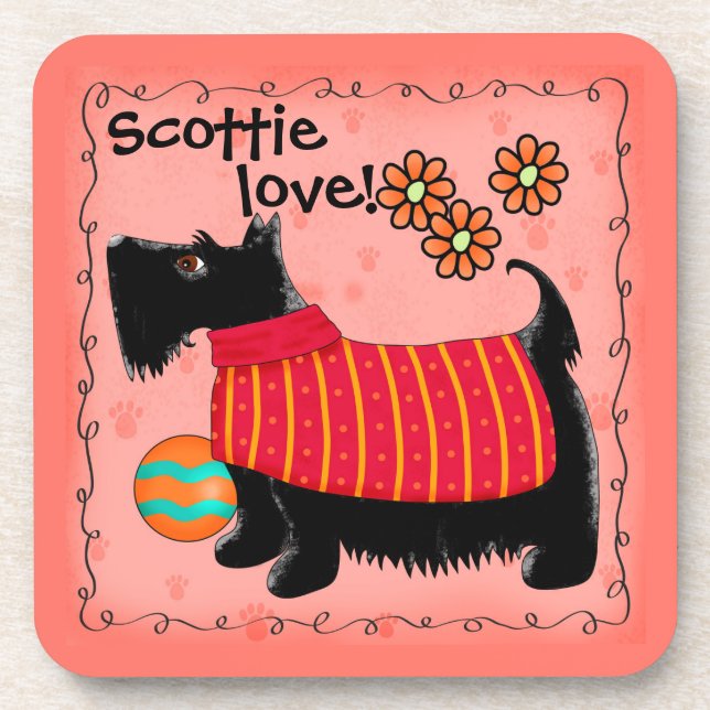 Black Scottie Terrier Dog Love Personalized Green Beverage Coaster (Front)