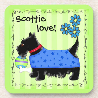 Black Scottie Terrier Dog Love Personalized Green Drink Coaster