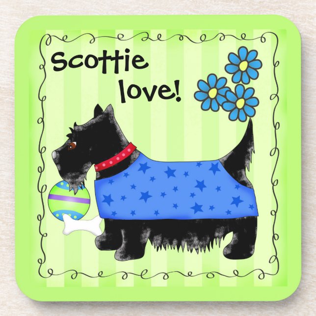 Black Scottie Terrier Dog Love Personalized Green Drink Coaster (Front)