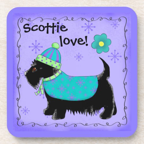Black Scottie Terrier Dog Love Personalized Purple Coaster