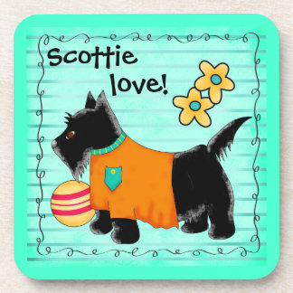 Black Scottie Terrier Dog Love Personalized Teal Beverage Coaster